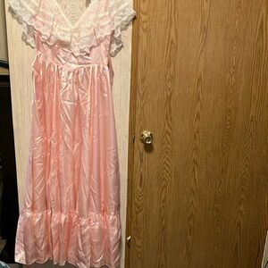 Vintage Pink Satin Nightgown with Lace Trim